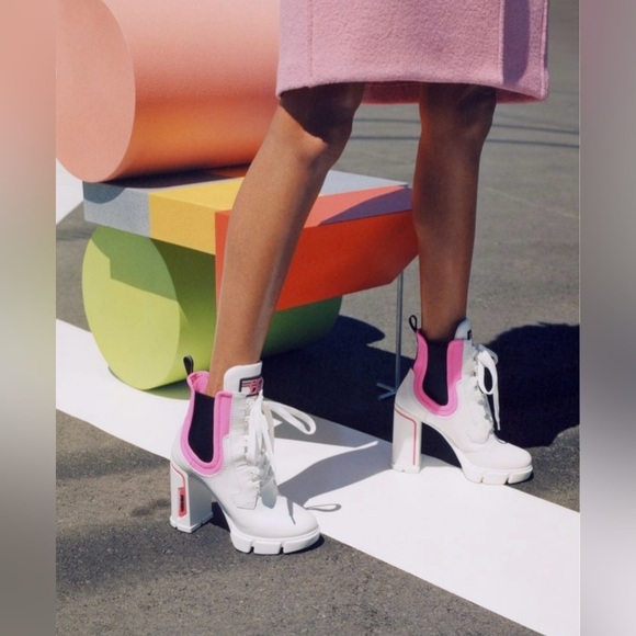 Prada Chunky Neon Pink  Ankle Lace up Boots white leather size 38.5/8.5 - Picture 1 of 9